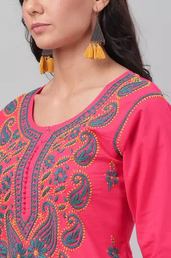 Hand embroidered carrot pink cotton lucknowi chikankari straight  kurta