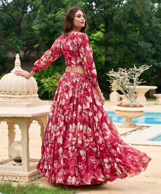 red Floral Digital Print Georgettete Croptop Lehenga With Unstitched Blouse 5