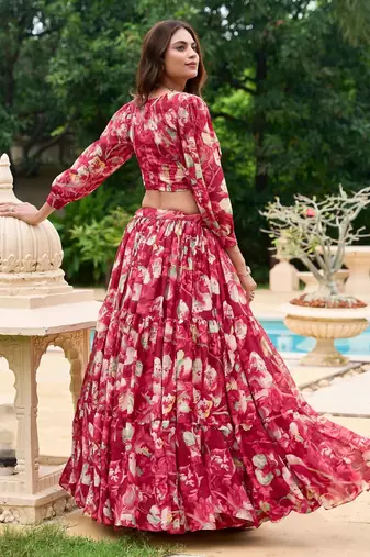 red Floral Digital Print Georgettete Croptop Lehenga With Unstitched Blouse