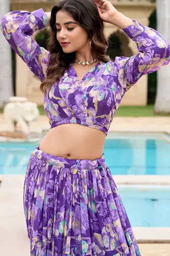 purple Floral Digital Print Georgettete Croptop Lehenga With Unstitched Blouse