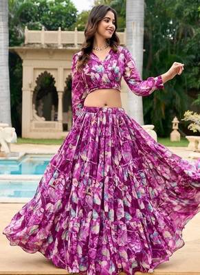 wine Floral Digital Print Georgette Crop top Lehenga With Unstitched Blouse 1