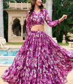 wine Floral Digital Print Georgette Crop top Lehenga With Unstitched Blouse