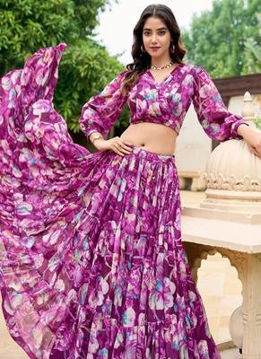wine Floral Digital Print Georgette Crop top Lehenga With Unstitched Blouse 2