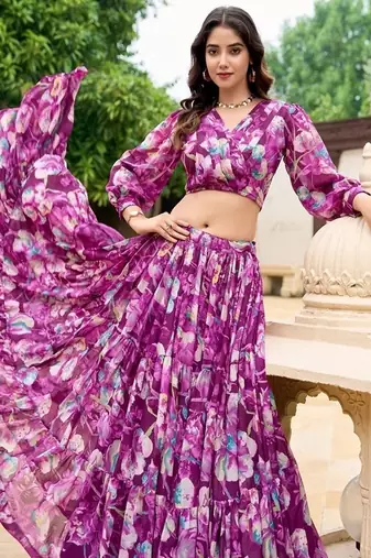 wine Floral Digital Print Georgette Crop top Lehenga With Unstitched Blouse