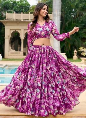 wine Floral Digital Print Georgette Crop top Lehenga With Unstitched Blouse 3