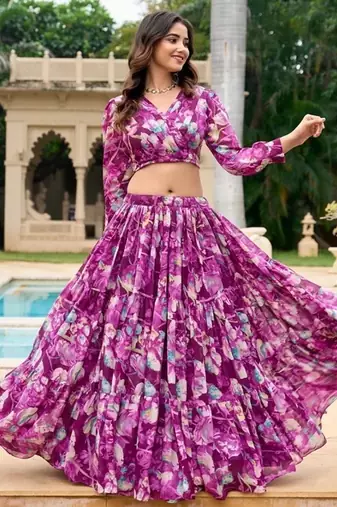 wine Floral Digital Print Georgette Crop top Lehenga With Unstitched Blouse