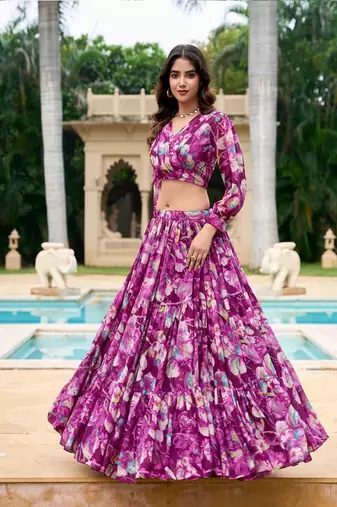 wine Floral Digital Print Georgette Crop top Lehenga With Unstitched Blouse