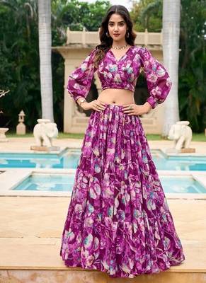 wine Floral Digital Print Georgette Crop top Lehenga With Unstitched Blouse 5