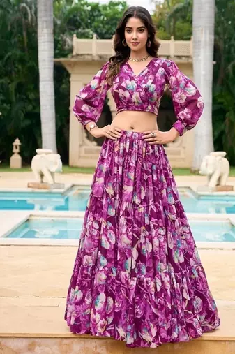 wine Floral Digital Print Georgette Crop top Lehenga With Unstitched Blouse