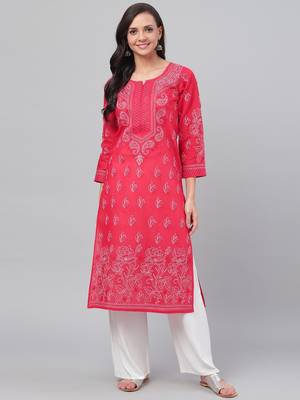 Hand embroidered red cotton lucknowi chikankari straight kurta 1