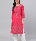 Hand embroidered red cotton lucknowi chikankari straight kurta