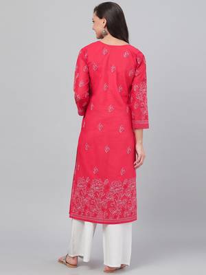 Hand embroidered red cotton lucknowi chikankari straight kurta 2