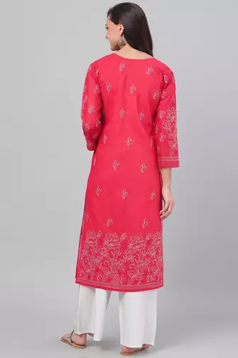 Hand embroidered red cotton lucknowi chikankari straight kurta