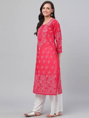 Hand embroidered red cotton lucknowi chikankari straight kurta 3