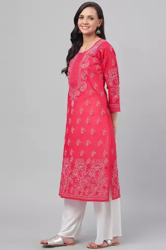 Hand embroidered red cotton lucknowi chikankari straight kurta