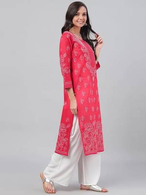 Hand embroidered red cotton lucknowi chikankari straight kurta 4