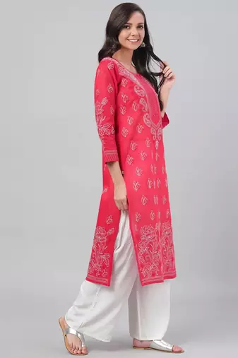 Hand embroidered red cotton lucknowi chikankari straight kurta