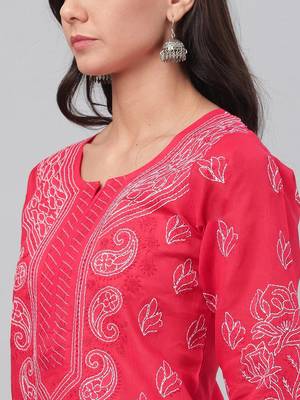 Hand embroidered red cotton lucknowi chikankari straight kurta 5