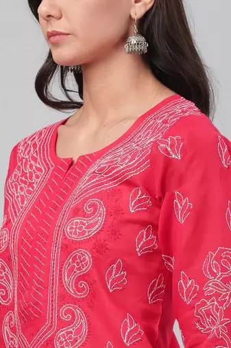 Hand embroidered red cotton lucknowi chikankari straight kurta