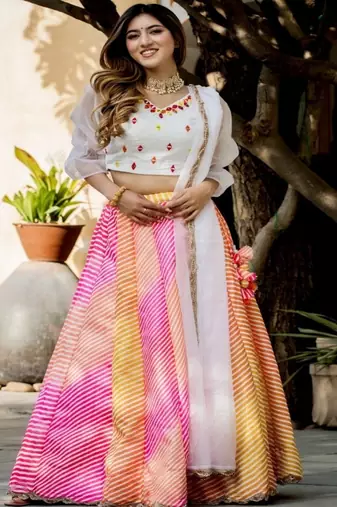 Digital Leheriya Print Georgette Lehenga Choli With Dupatta