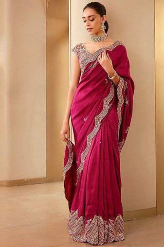 Maroon Color Silk Blend Sequins And Jari Dori Embroidery Work Saree