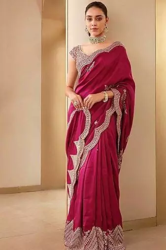 Maroon Color Silk Blend Sequins And Jari Dori Embroidery Work Saree