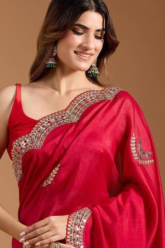 Red Color Silk Blend Sequins And Jari Dori Embroidery Work Saree