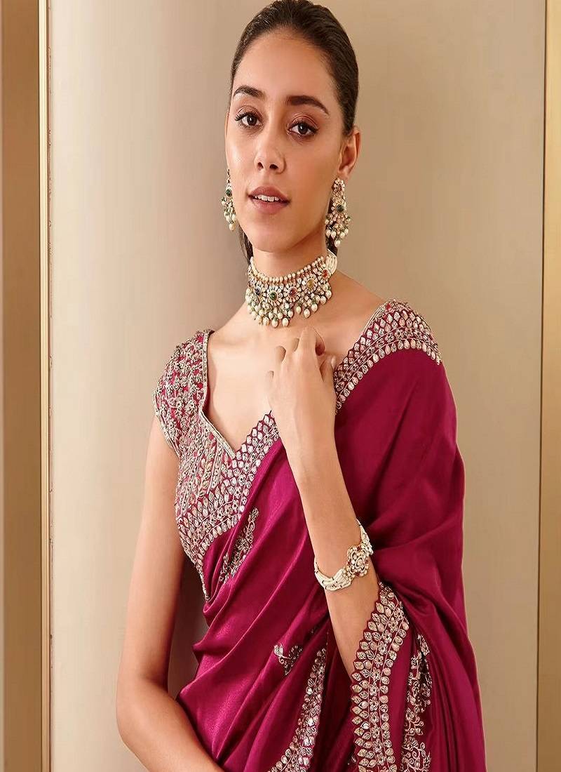 Rani Pink Color Silk Blend Sequins And Jari Dori Embroidery Work Saree