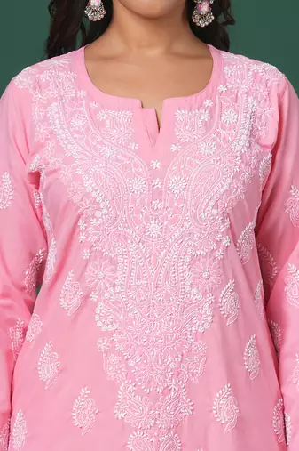 Hand embroidered dark peach cotton lucknowi chikankari straight kurta