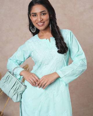 Hand embroidered sea green cotton lucknowi chikankari straight kurta 6