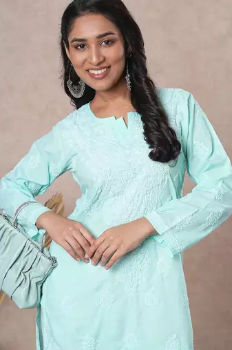 Hand embroidered sea green cotton lucknowi chikankari straight kurta