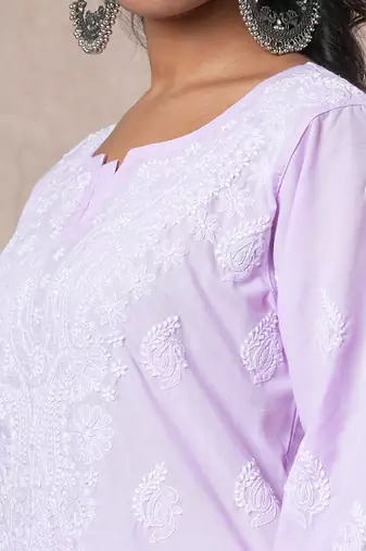 Hand embroidered mauve cotton lucknowi chikankari straight kurta