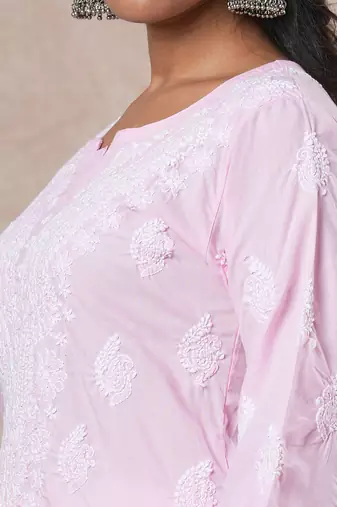 Hand embroidered pink cotton lucknowi chikankari straight kurta