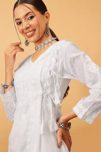 Hand embroidered white cotton lucknow chikankari angrakha kurta
