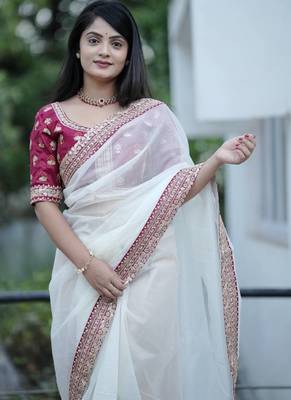White Color Silk Blend Sequins And Jari Dori Embroidery Work Saree 1
