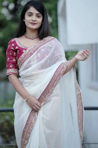 White Color Silk Blend Sequins And Jari Dori Embroidery Work Saree