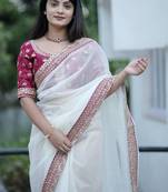 White Color Silk Blend Sequins And Jari Dori Embroidery Work Saree