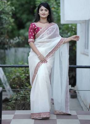 White Color Silk Blend Sequins And Jari Dori Embroidery Work Saree 2