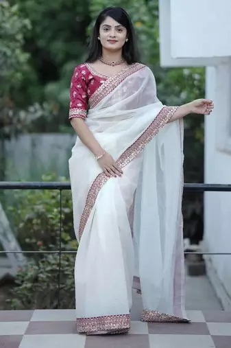 White Color Silk Blend Sequins And Jari Dori Embroidery Work Saree