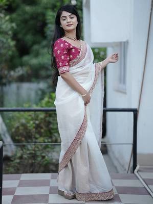 White Color Silk Blend Sequins And Jari Dori Embroidery Work Saree 3