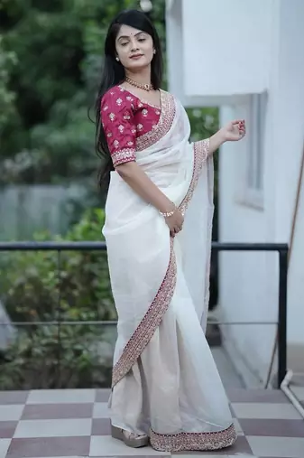 White Color Silk Blend Sequins And Jari Dori Embroidery Work Saree