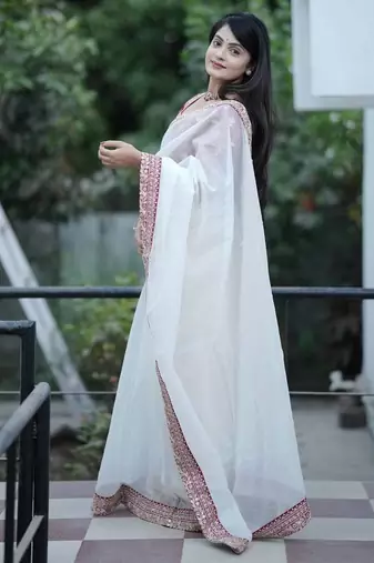White Color Silk Blend Sequins And Jari Dori Embroidery Work Saree