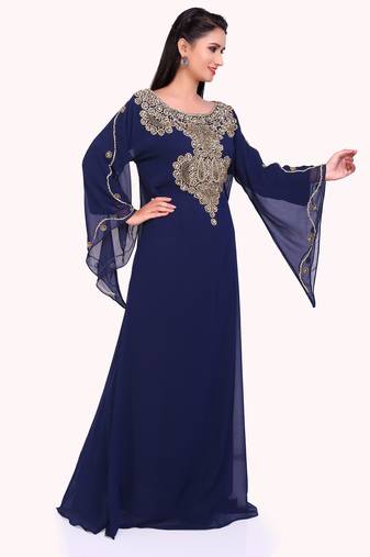 Elegant Navy Blue Stitched Partywear Kaftan with Front Handwork Embroidered Panel