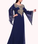 Elegant Navy Blue Stitched Partywear Kaftan with Front Handwork Embroidered Panel