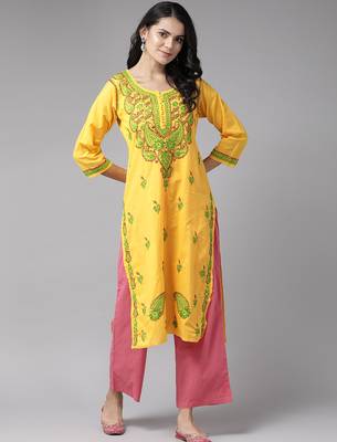 Hand embroidered yellow cotton lucknowi chikankari straight kurta 1