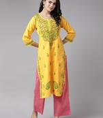 Hand embroidered yellow cotton lucknowi chikankari straight kurta
