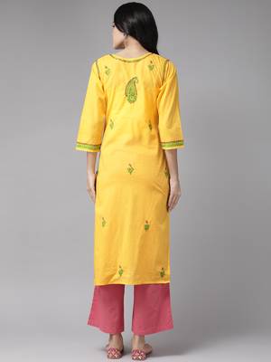 Hand embroidered yellow cotton lucknowi chikankari straight kurta 2
