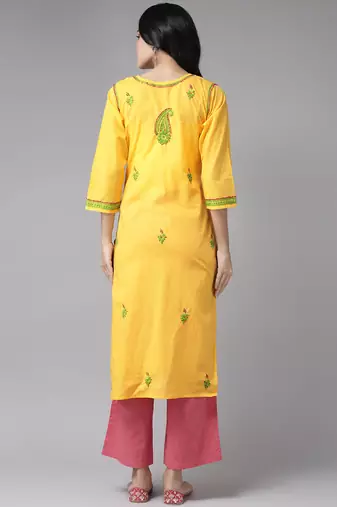 Hand embroidered yellow cotton lucknowi chikankari straight kurta