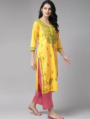 Hand embroidered yellow cotton lucknowi chikankari straight kurta 3