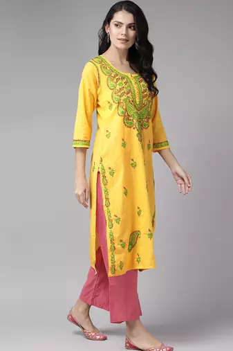 Hand embroidered yellow cotton lucknowi chikankari straight kurta